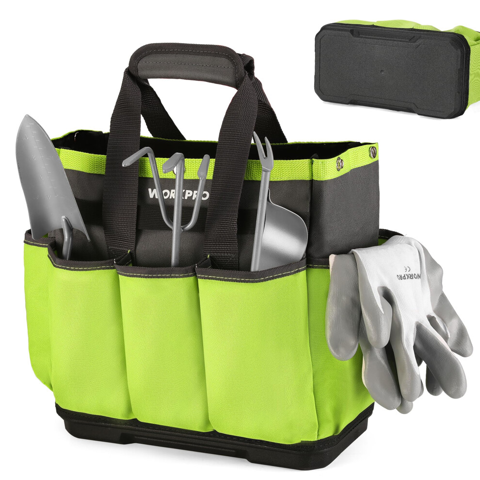 WORKPRO Garden Tool Bag with Waterproof Plastic Base 8 Pockets Gardening Bag Heavy Duty Oxford Garden Tote Caddy Gardening Tool Kit Holder for Indo