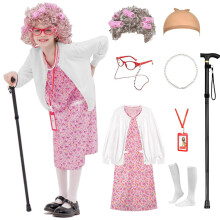 Aimeiar Kids 100 Days of School kostume til piger Halloween Old Lady Costume paryk cardigan sweater og bedstemor s?t til barn