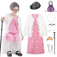 Aimeiar Kids 100 Days of School kostume til piger Halloween Old Lady Costume paryk cardigan sweater og bedstemor s?t til barn