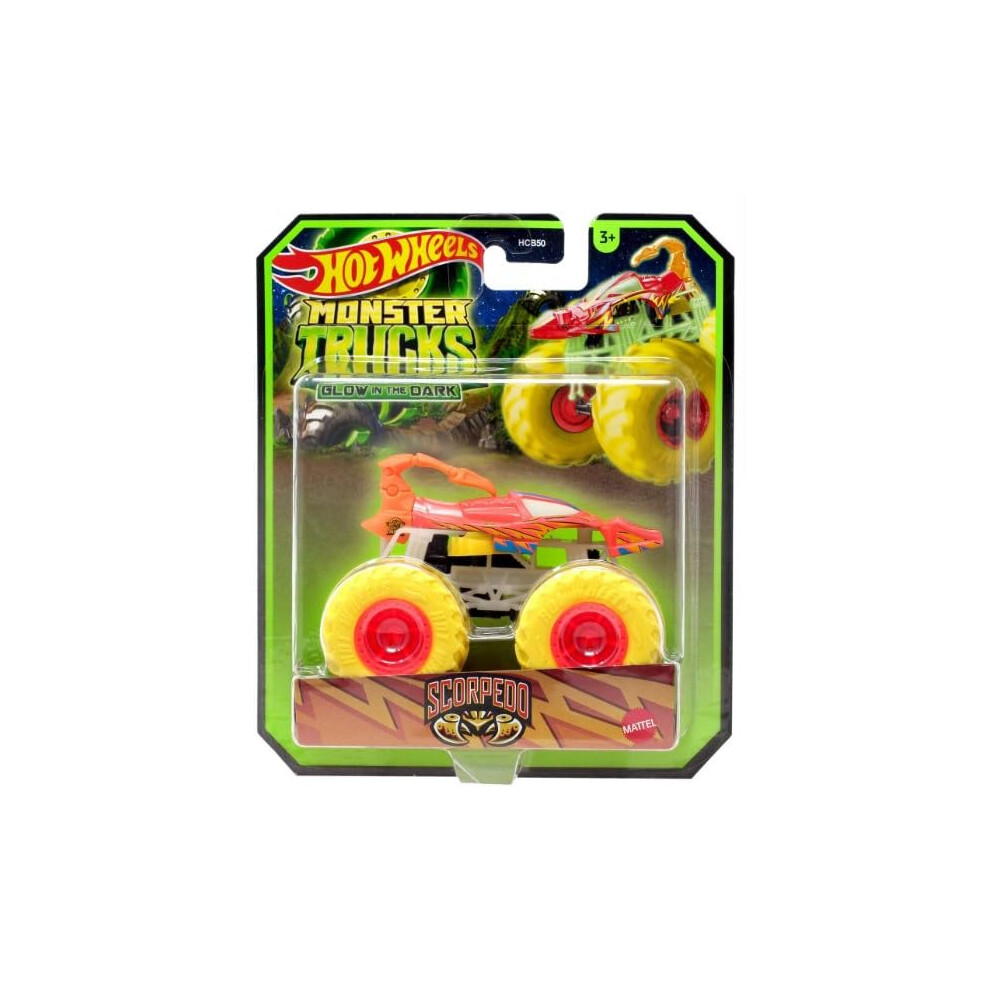Hot Wheels Monster Trucks Glow In The Dark Scorpedo 1:64 Scale Orange With Yellow Wheels 2024 Diecast