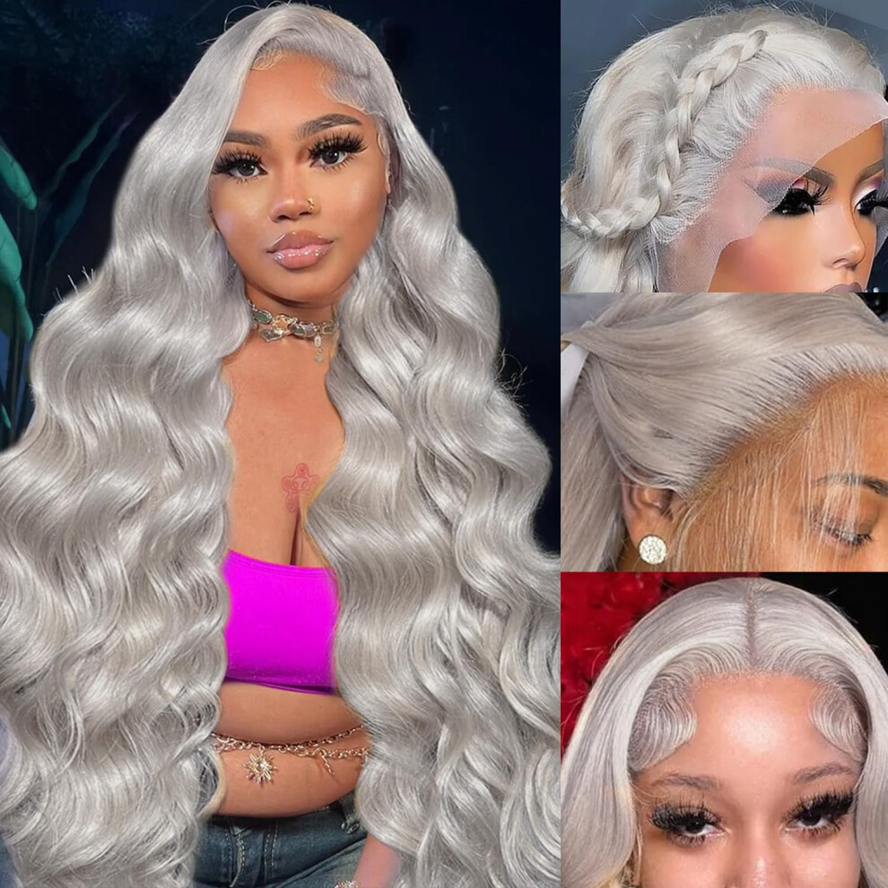 Nkmr Unisex Grey Lace Front Wigs Human Hair 13X6 Body Wave Lace Front Wig Human Hair Long Wig Glueless Hd Lace Frontal Wigs 180 Density Pre Plucked With