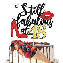 Crseniny Still Fabulous at 48 Cake Topper Happy 48th Birthday Queen H?je h?le Store R?de l?ber Cake Topper Kvinder 48-?rs f?dselsdagsfest Kagepyn