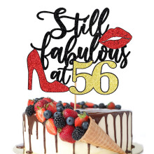 Crseniny Still Fabulous at 56 Cake Topper Gelukkige 56e Verjaardag Cake Topper Koningin Hoge hakken Grote Rode lippen Cake Topper Vrouwen 56e Verjaar