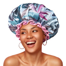 mikimini Groe Duschhaube fr Frauen, wiederverwendbare wasserdichte Haarhaube fr die Dusche mit doppelten Schichten, Haarabdeckung im Tropic-Stil m