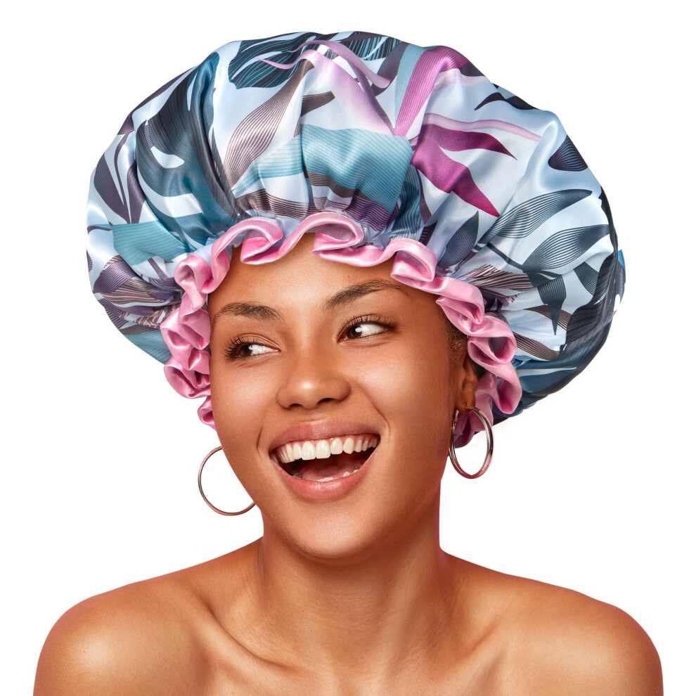 Mikimini Large Shower Cap For Women Reusable Waterproof Hair Cap For Shower With Double Layers Tropic Style Hair Cover With Elastic Band For Shower