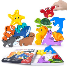 Giocattoli per puzzle per animali in legno per bambini da 12 pezzi per animali marini figure di ordinamento del giocattolo impilamento per ragazzi pe