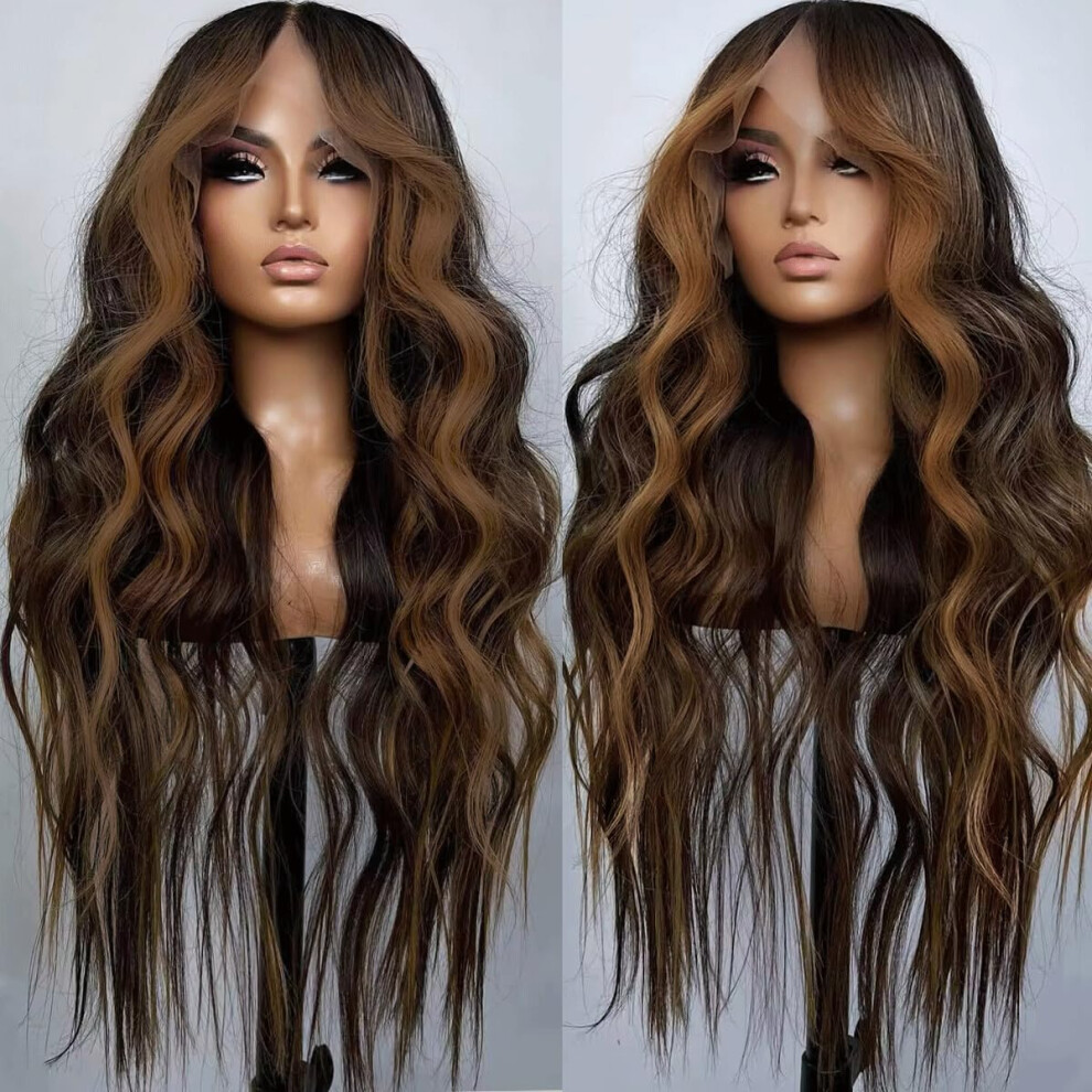 Seykiki Synthetic Lace Front Wigs For Black Women Highlight Brown Mix Black Natural Wavy Glueless Wig Ready To Wear 13X4x1 Hd Lace Pre Plucked Middle