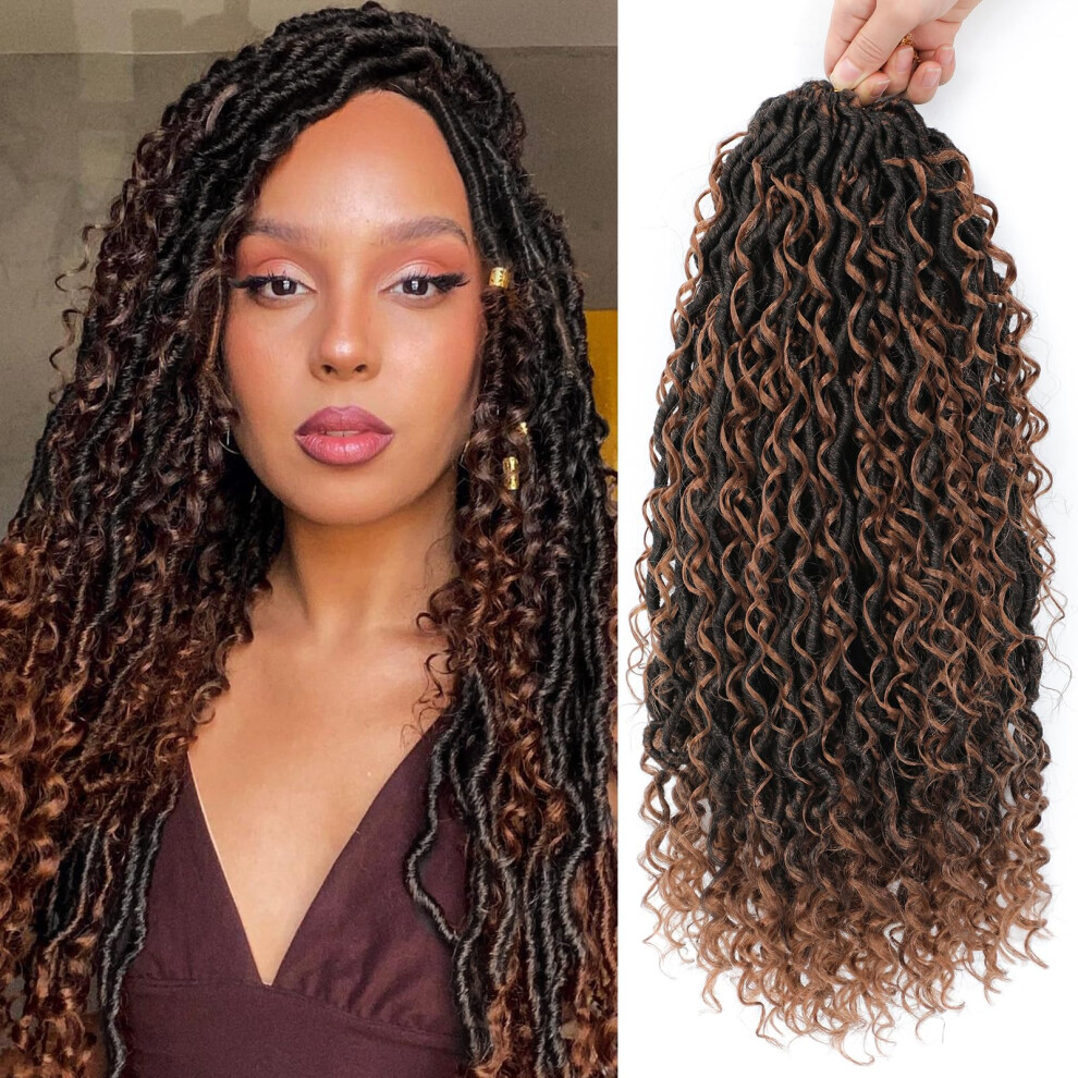 Sambraid Unisex Black 8 Packs Goddess Faux Locs Crochet Hair For Women, Long Goddess Locs Crochet Hair, Boho Style Locs, River Locs With Curly Ends (18Inch, Ot30#, 8P