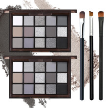 Schwarzgraue, rauchige Lidschatten-Palette, 15 Farben, matt schimmernd, pigmentiertes Lidschatten-Make-up-Paletten-Set mit 3 Lidschatten-Pinseln, gli