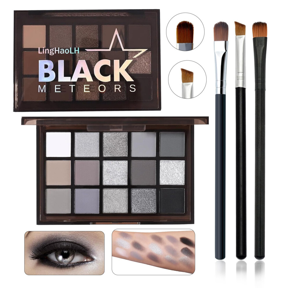 Black Grey Smoky Eyeshadow Palette 15 Colors Matte Shimmer Pigmented Eye Shadow Makeup Palette Set with 3 Eyeshadow Brushes Glitter Eyeshadow Makeup P-image-OPC-PHFMWZG-NEW