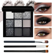 Schwarzgraue, rauchige Lidschatten-Palette, 15 Farben, matt schimmernd, pigmentiertes Lidschatten-Make-up-Paletten-Set mit 3 Lidschatten-Pinseln, gli