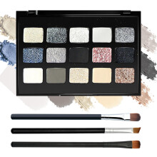 Schwarzgraue, rauchige Lidschatten-Palette, 15 Farben, matt schimmernd, pigmentiertes Lidschatten-Make-up-Paletten-Set mit 3 Lidschatten-Pinseln, gli
