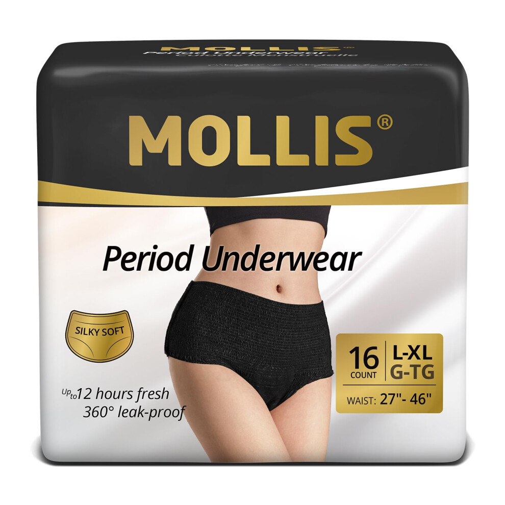 Mollis Black Disposable Period Underwear For Women Postpartum Panties Maternity Knickers Heavy Flow Leak Proof (Large/Xlarge Count 16)