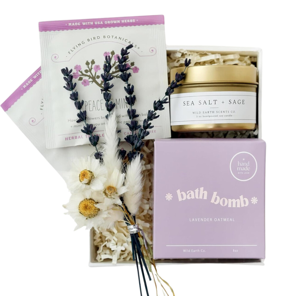 Unboxme Gifts Lavender Mini Spa Gift Set - Relaxation Gift Basket For Women - Self Care Package With Candle Bath Bomb Soap Greeting Card &