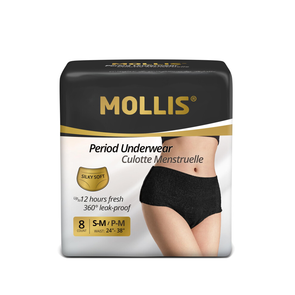 Mollis Black Disposable Period Underwear For Women Postpartum Panties Maternity Knickers Heavy Flow Leak Proof Small/Medium 8 Count