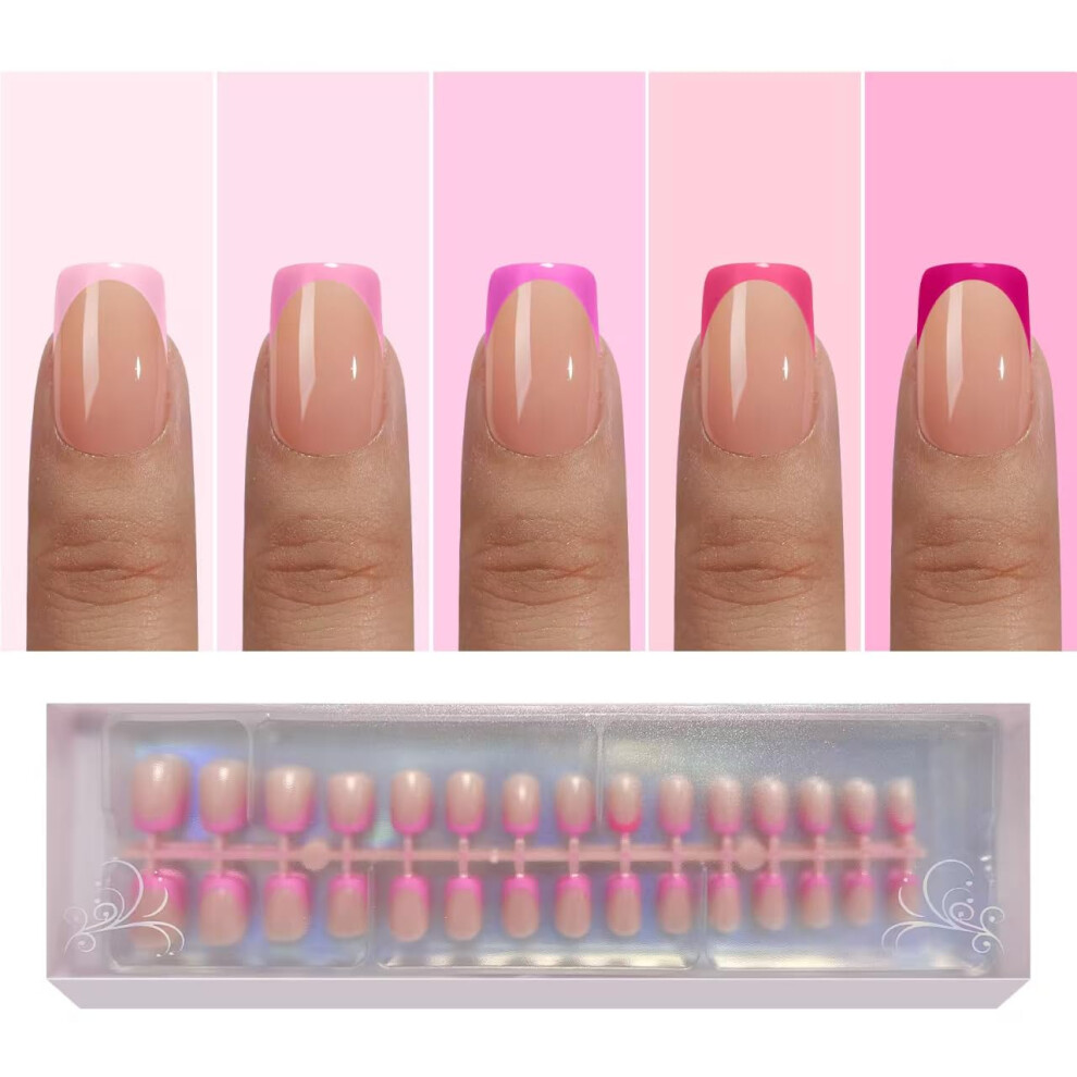 Jsiallye Pink French Tip Press On Nails 150Pcs Pink Press On Nails Short Square French Soft Gel Nail Tips Pre-Shaped No Need To File 3 In 1 Tips F