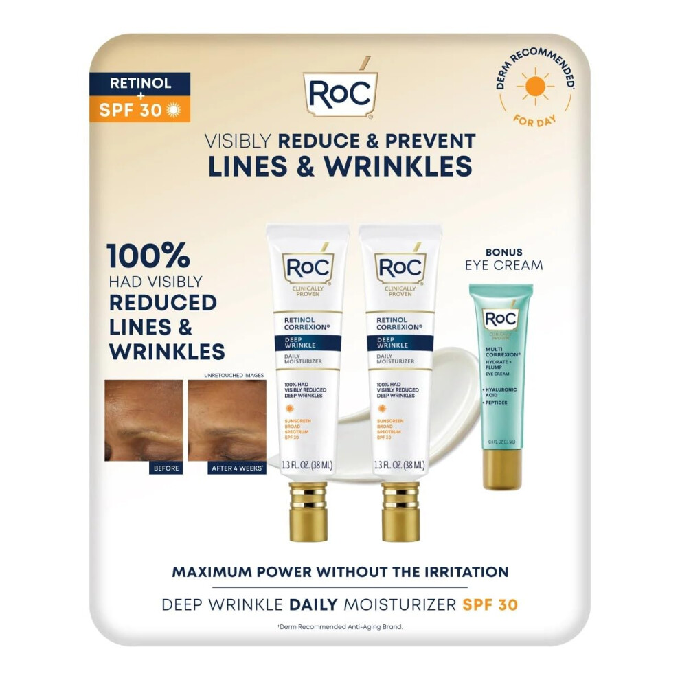 RoC Retinol Correxion Deep Wrinkle Day Cream  2.6 fl oz Total (2-Pack of 1.3 fl oz)  with Bonus Eye Cream 0.4 fl oz