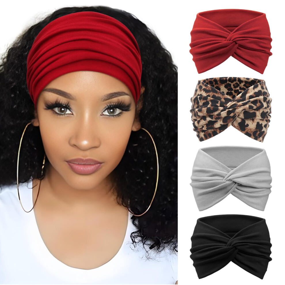 Dreshow Unisex 4 Pack Turban Headbands For Women Wide Vintage Head Wraps Knotted Cute Hair Band Accessories