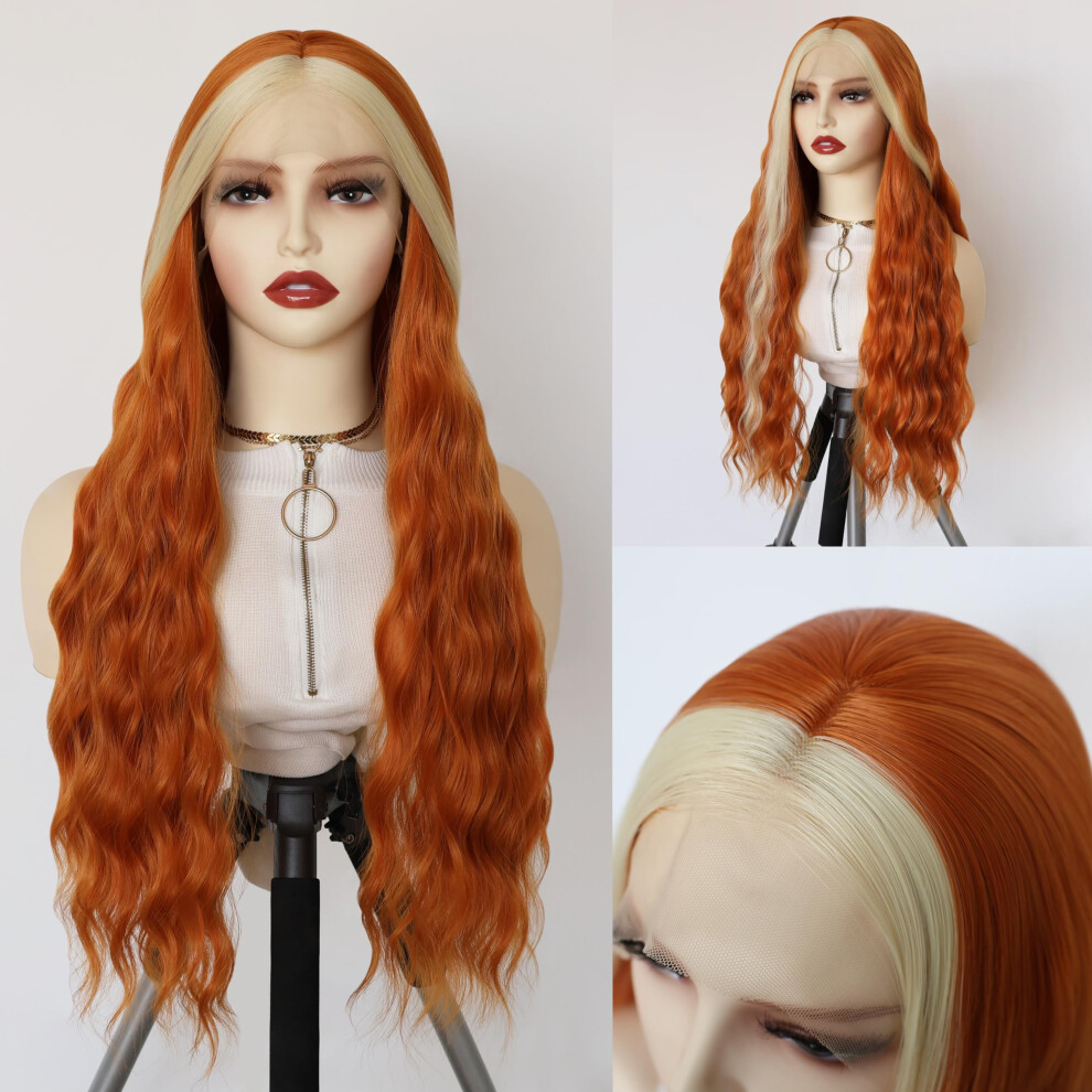 Wxhwcx Unisex Orange Long Wavy Hair Synthetic Lace Front Wigs For Women Loose Wavy Middle Part Glueless Lace Wig Blonde Heat Resistant Fiber Natural Hairline