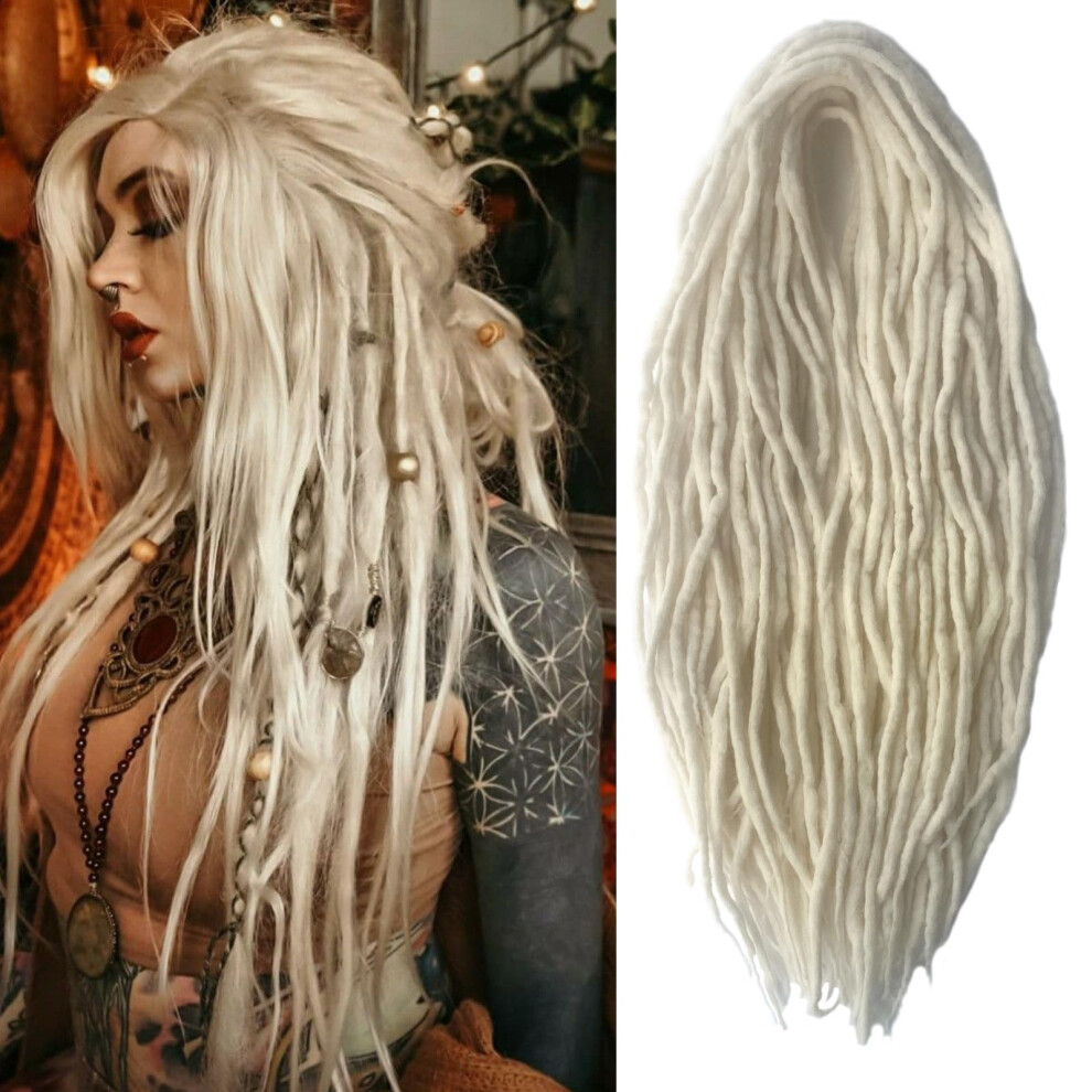 Siddiuop Unisex White Wool Dreadlock Extensions 22 Inches 15 Strands Double Ended Blonde Handmade Hippie Wool Dreads Extensions De Ends Locs Style Crochet Hair For Wo