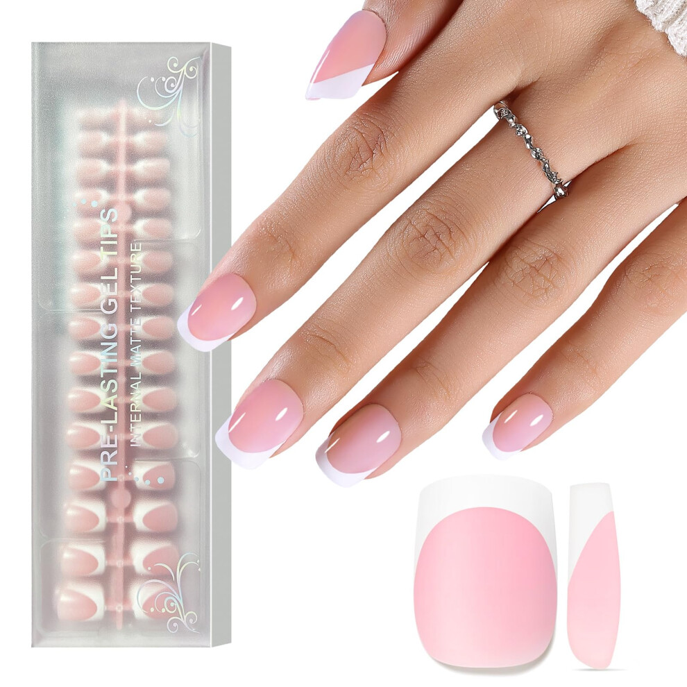 Jsiallye Press On Nails Short Square French Gel Nail Tips 150Pcs Pink French Tip Press On Nails No Need To File Tips Pre-Lasting Acrylic Soft Gel Nail Tips
