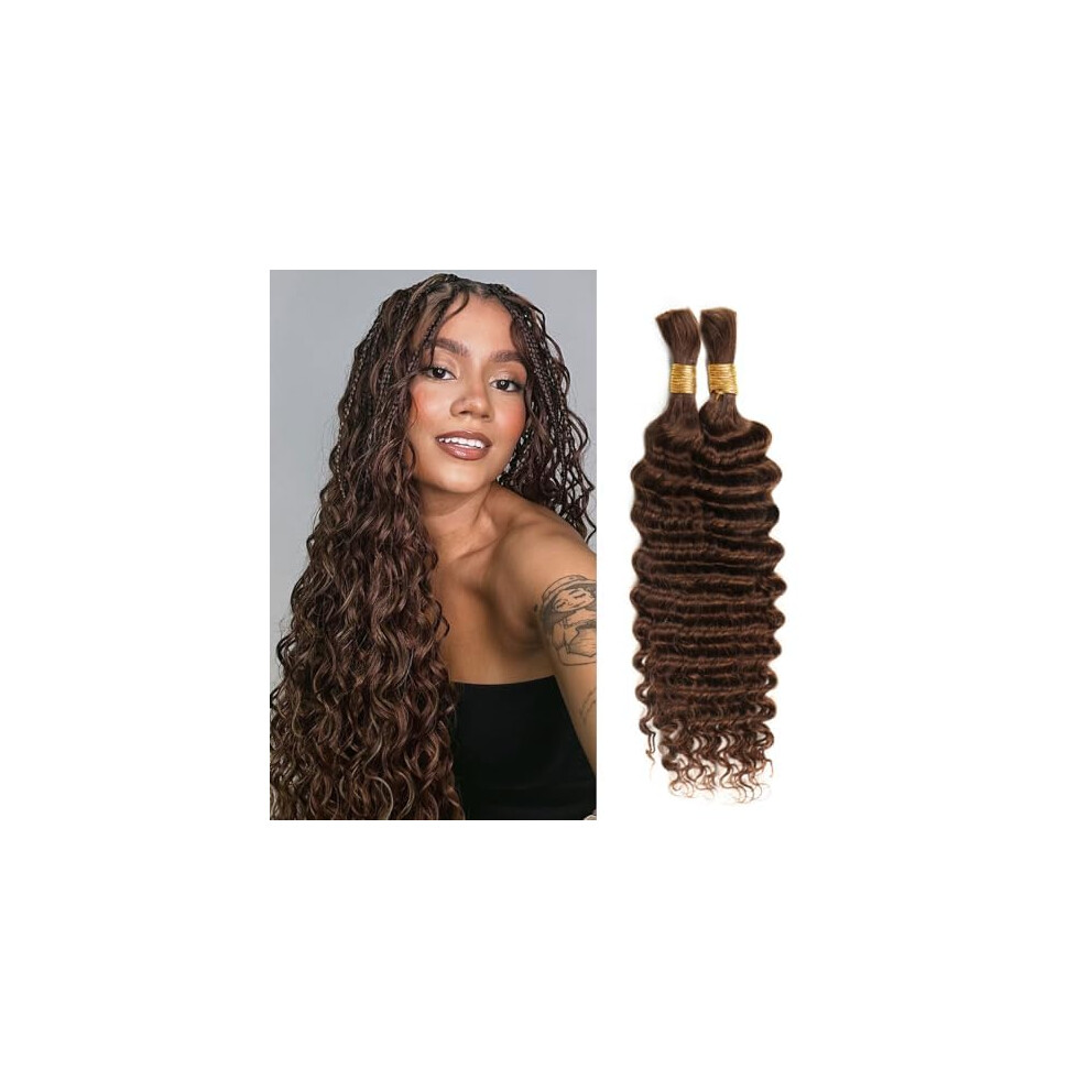 Anmanbeauty Unisex Brown Human Braiding Hair 18 Inch 100G Chocolate Deep Wave Bulk Human Hair For Braiding No Weft Curly Bundles Hair Extensions For Boho Knotless Braids
