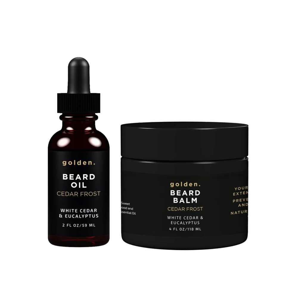 Composier De Toilettage Dor Golden Grooming Beard Oil & Balm Bundle For Men | Natural Growth Kit With Shea Butter | 4Oz Balm & 2Oz Oil | Cedar Frost