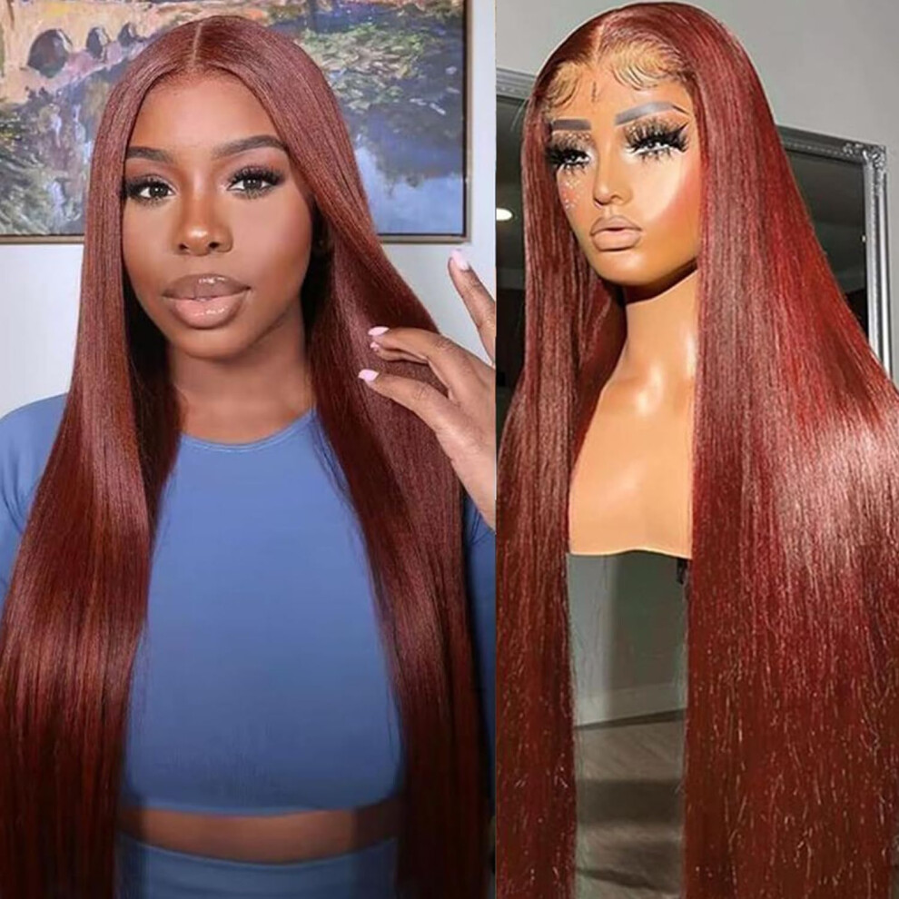 Poysew Unisex Brown 22 Inch Reddish Lace Front Wigs Human Hair 13X6 Straight Lace Front Wigs 180% Density 33# Lace Frontal Wigs Human Hair Pre Plucked With Baby Hai