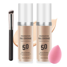 2 STK Natural Color Foundation S?t med b?rste og makeup svamp SPF 50 PA+++ Oil Control Fuld d?kning Flydende Foundation Makeup Fejlfri fugtgivend