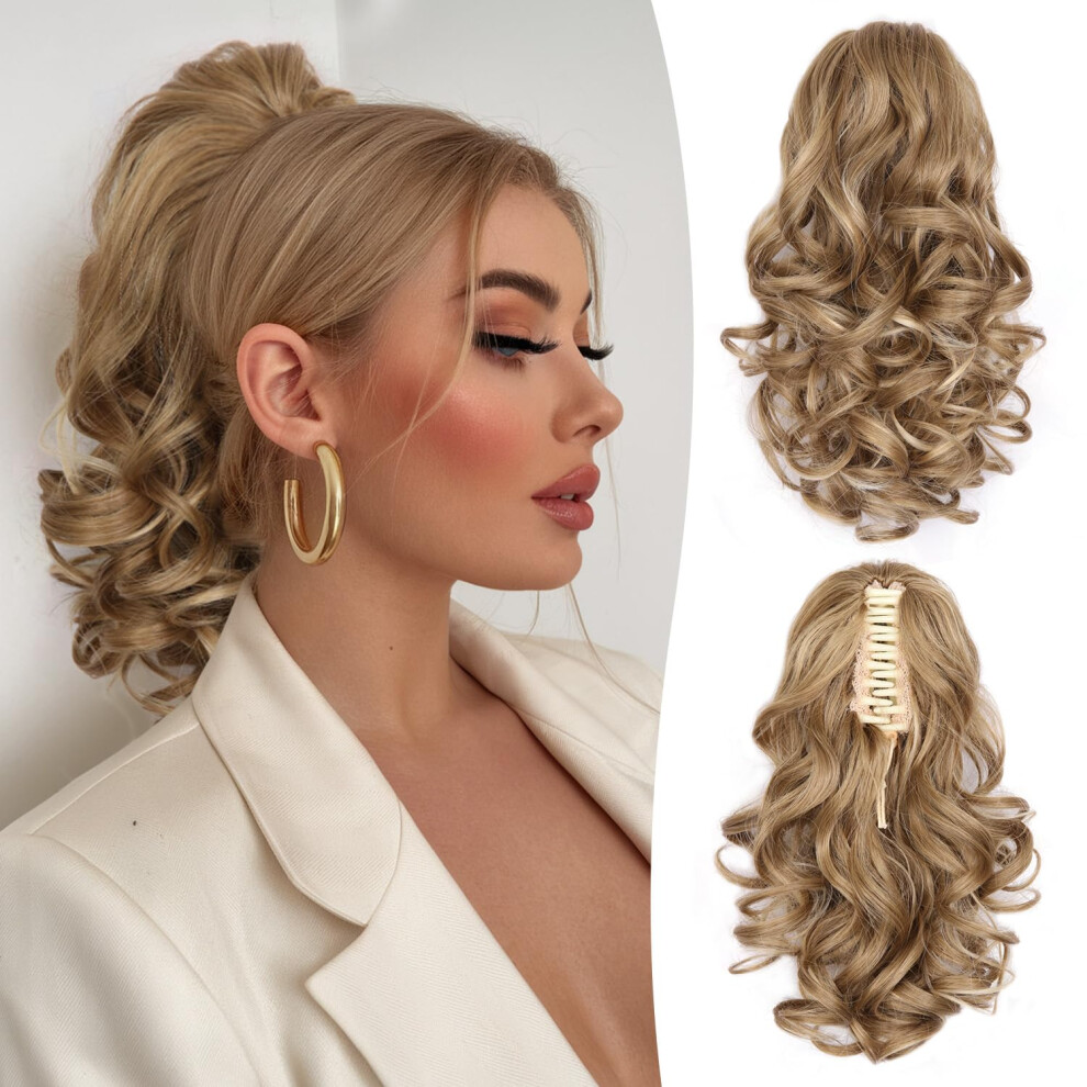 Zqian Beauty 12 Inch Blonde Ponytail Extension - Clip In Ponytail Hair Extensions Curly Wavy Pony Tails Hair Extensions Claw Clip Ponytail Extension For Women (C
