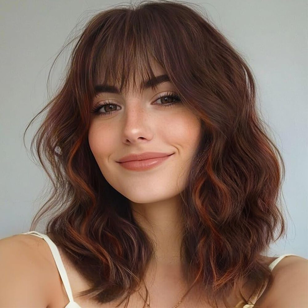 Ucubb Unisex Short Curly Wigs With Bangs For Women 14 Inches Wavy Bob Wig Synthetic Heat Resistant Fiber Wigs