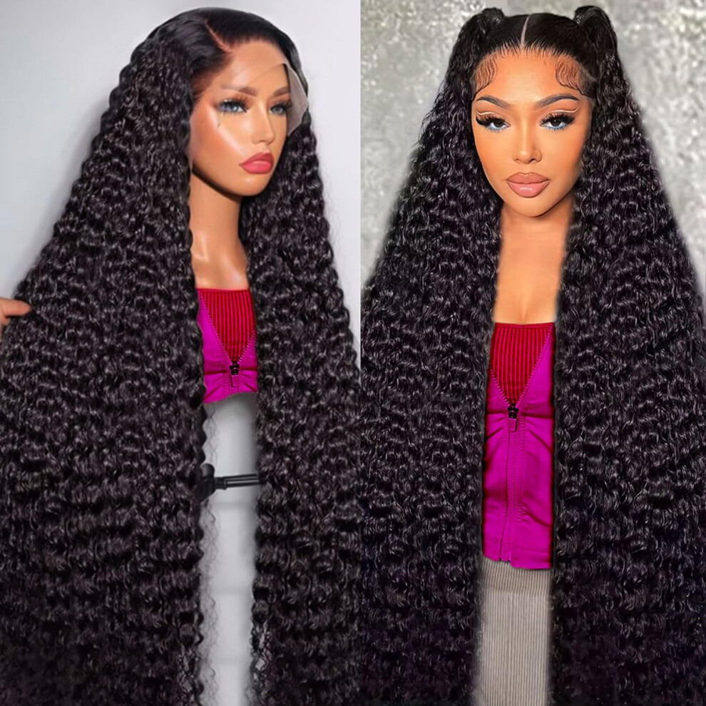 Hoyrhra Unisex Black 13X4 Hd Transparent Deep Wave Lace Front Wigs Human Hair For Women Glueless Deep Curly Lace Frontal Wigs Brazilian Virgin Human Hair Wigs Pre Plucked