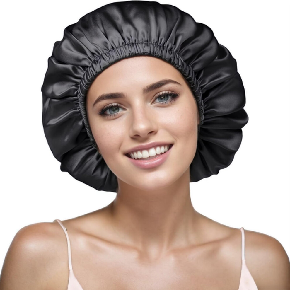 Veciir Black Satin Bonnet Silk Bonnet For Sleeping Women And Men Ajustable Hair Bonnet For Curly Hair With Double Layer Hair Bonnet - Medium
