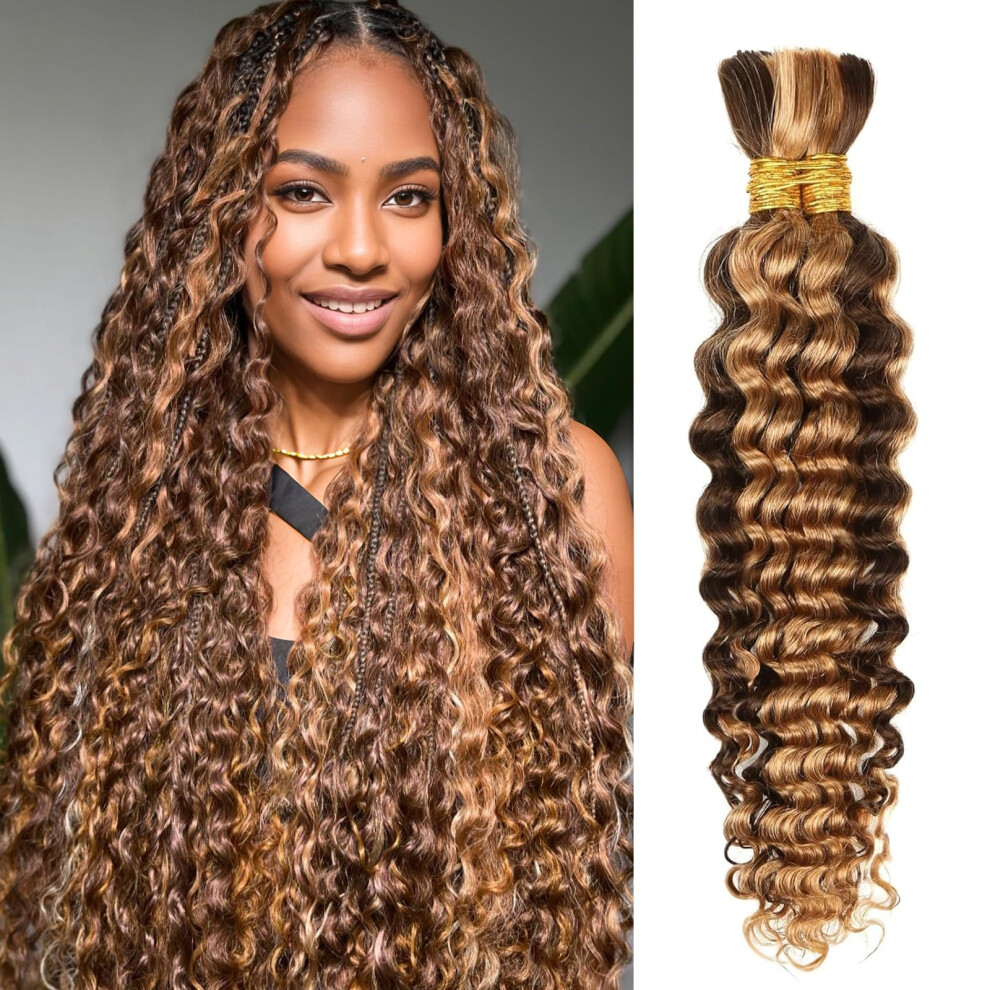 Anmanbeauty Human Braiding Hair 22 Inch 100G Ombre Highlight Deep Wave Bulk No Weft Curly Bundles Human Hair Extensions For Boho Knotless Braids Wet And Wavy (4/2