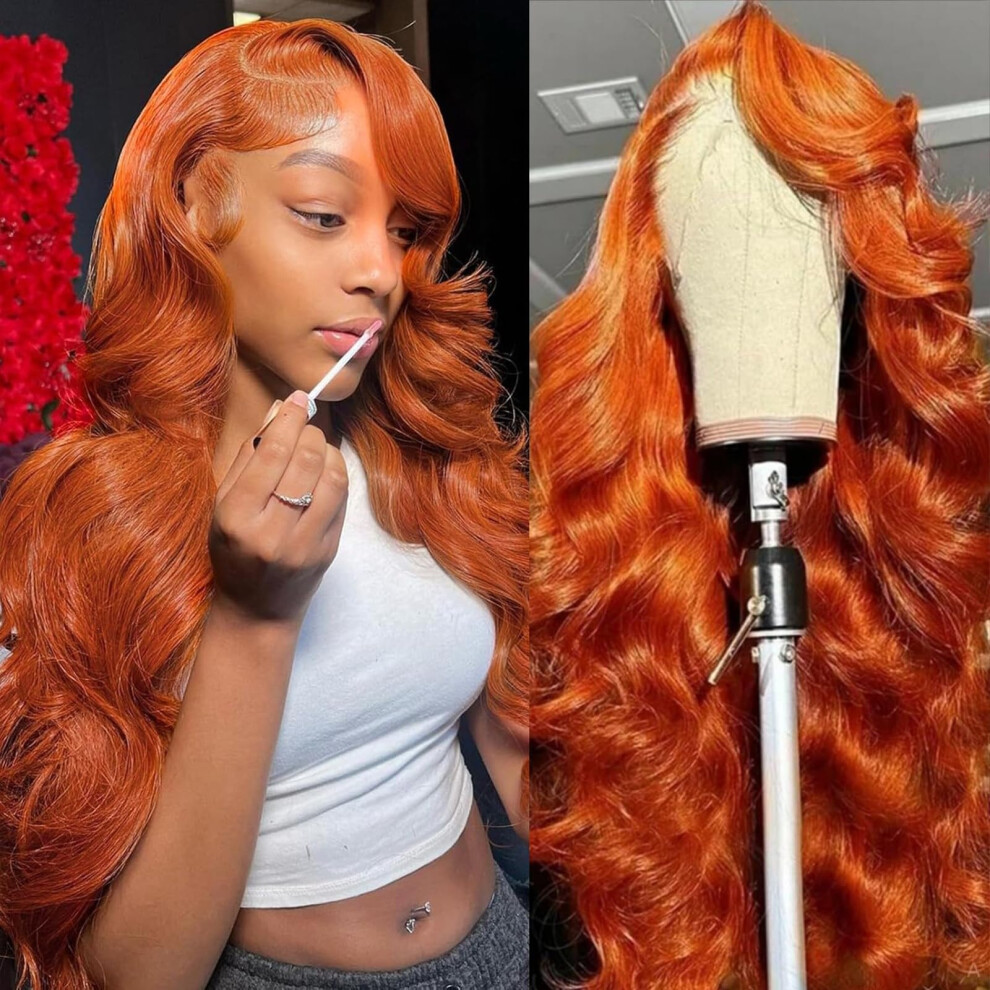 Dorashion 26 Inch Ginger Orange 13X4 Body Wave Lace Front Wigs Human Hair 180 Density Glueless Hd Transparent Lace Frontal Wig Human Hair Pre Plucked