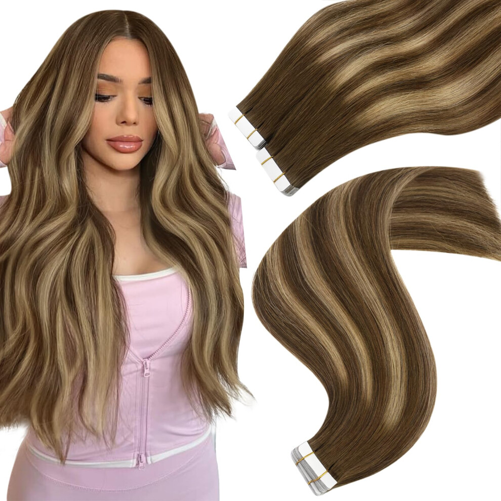 Easyouth Unisex Brown Tape In Extensions Human Hair Balayage Blonde Tape In Hair Extensions Human Hair Medium Ombre Honey Blonde Hair Extensions Tape In Silk