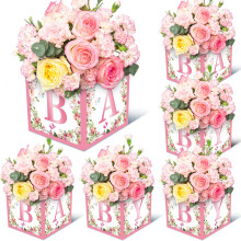 Jremreo 6 Pack 7x7x7 Polegadas Caixas centrais de ch de beb florais rosa com letras 'BABY' perfeitas para ch de beb menina Gnero revela lemb