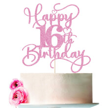 Bejotaa Pink Tillykke med 16 ?rs f?dselsdag kage topper 1 stk glitter kage topper til en f?dselsdag/jubil?um tema fest kage dekorations forsyning