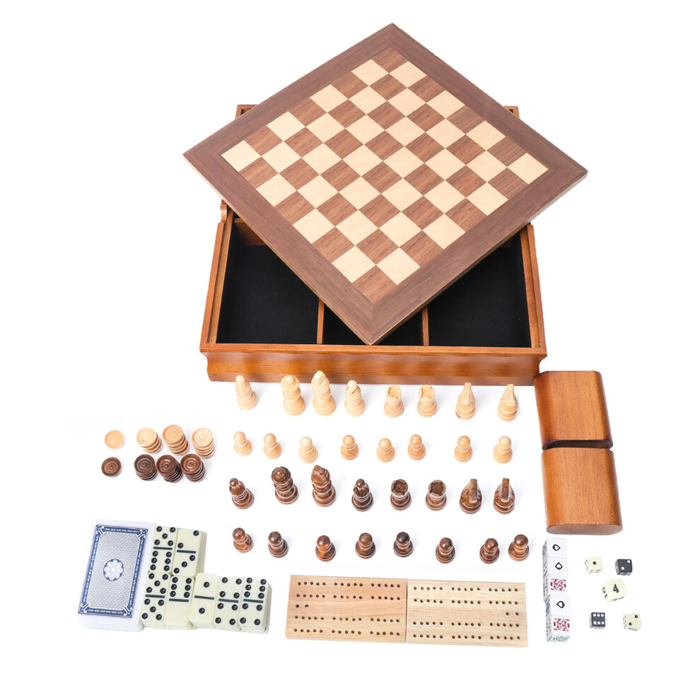 GSE Games et expert sportif Set jeu de jeux en bois 7 en 1 -    checs Chess Checkers Backgammon Dominos Cribbage Board Playing Card & Poker Dice Ga