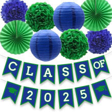 DOMOO OF DREAMS Decoraciσn para fiesta de graduaciσn, color azul y verde, cartel de clase, pompones colgantes, flores, suministros para graduaciσ