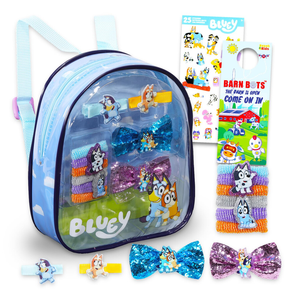 Bluey Hair Accessories Set - Bundle with Hair Ties  Barrettes  Bows  Shoulder Bag  Stickers  and More | Bluey Dress-Up Accessories for Girls