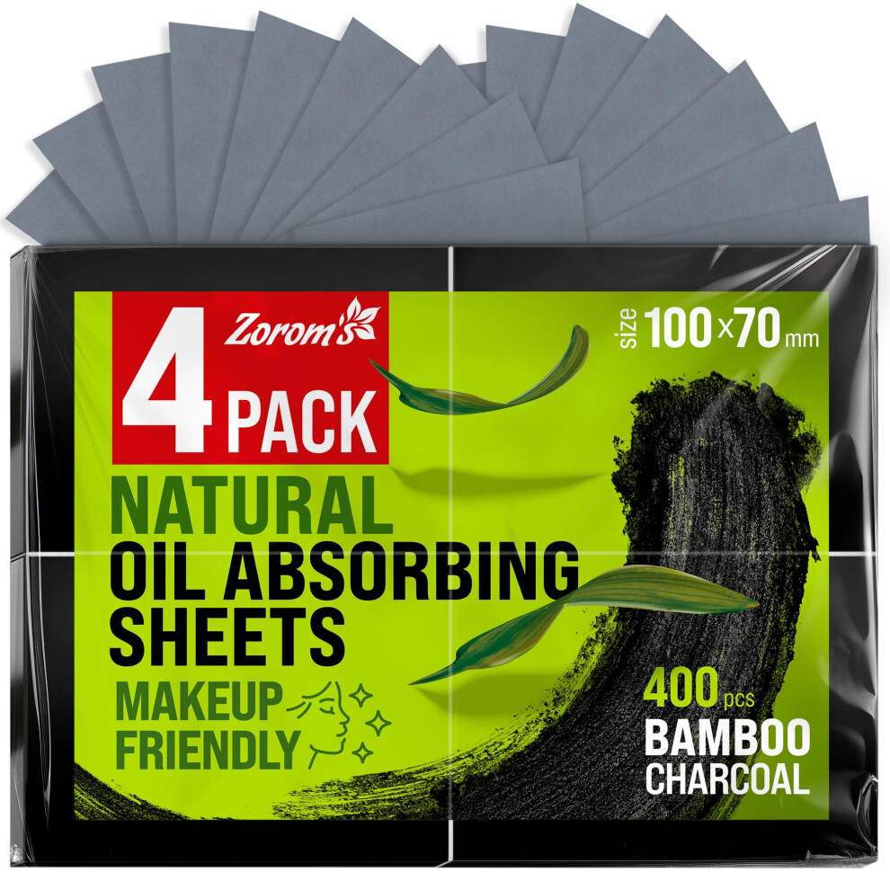 Zorom's Natural Oil Blotting Sheets For Face With Bamboo Charcoal - 4Pk/400 Makeup Friendly Oil Absorbing Sheets For Face - Blotting Papers For Oily Skin