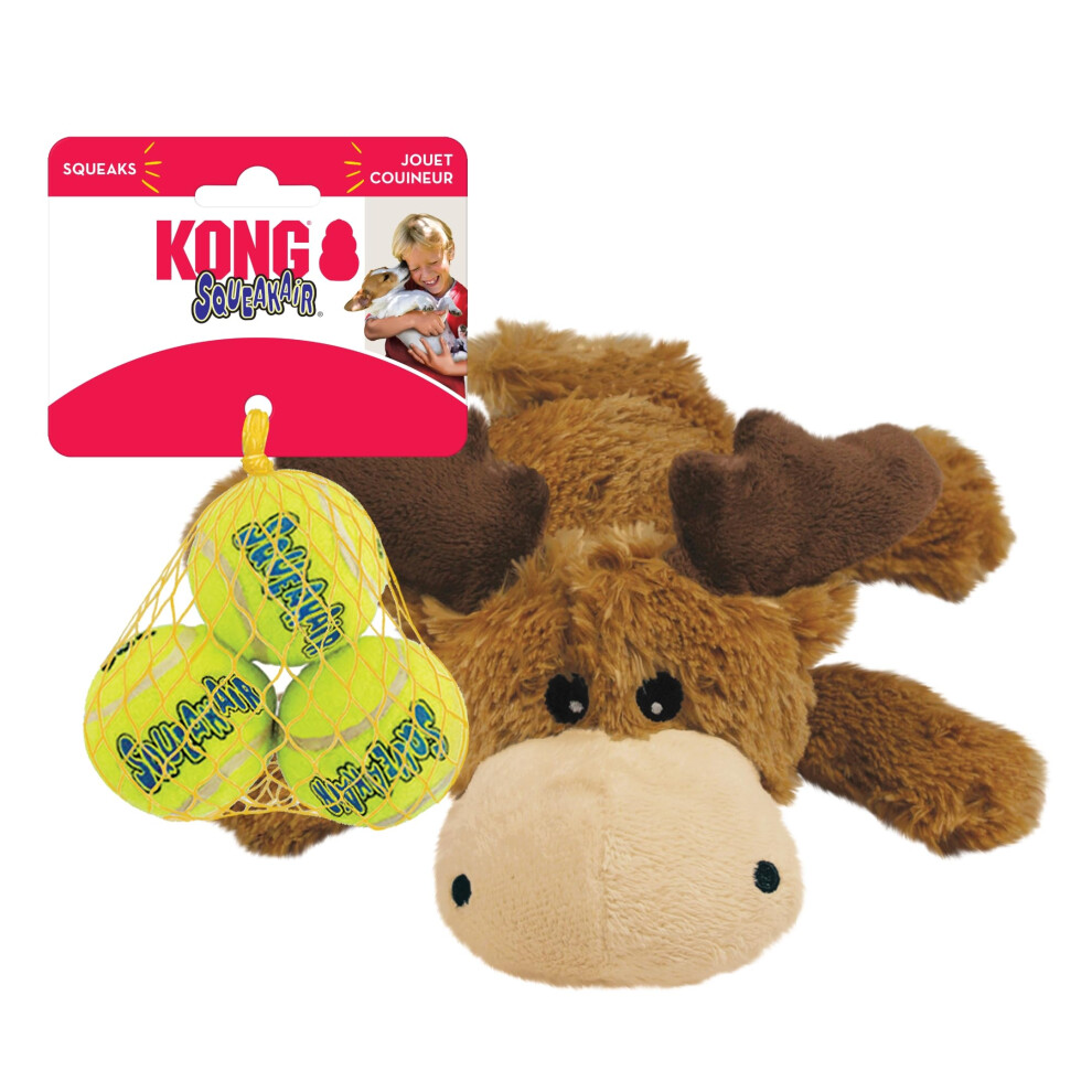 KONG Cozie Marvin Moose & SqueakAir Balls (3 Pack) - Dog Fetch & Chew Toys for Fun - Soft Toy Moose for Indoor Play - Durable Dog Toy Balls for Outdoo