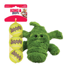 KONG Cozie Ali Alligator & SqueakAir Balls (3 Pack) - Dog Fetch & Chew Toys for Fun - Soft Toy Alligator for Indoor Play - Durable Dog Toy Balls for O