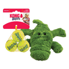 KONG Cozie Ali Alligator & SqueakAir Balls (3 Pack) - Dog Fetch & Chew Toys for Fun - Soft Toy Alligator for Indoor Play - Durable Dog Toy Balls for O