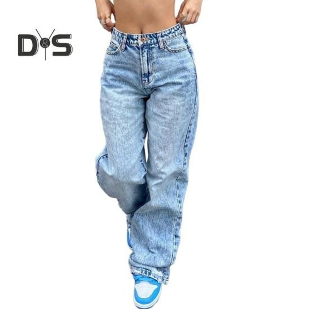 (light blue, S) Women's Wide-leg Jeans High Waisted Straight Leg Denim Pants Retro Punk Slimming Floor-length Trousers For Streetwear