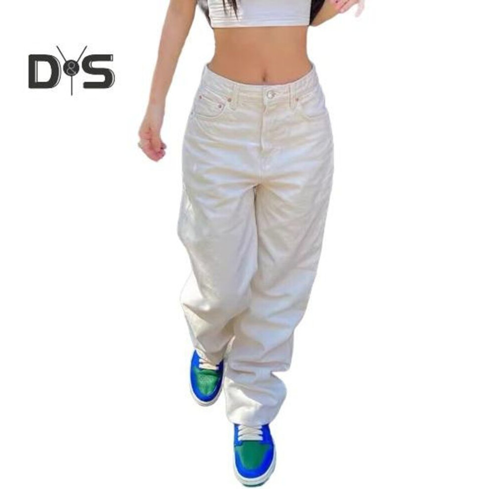 (beige, L) Women's Wide-leg Jeans High Waisted Straight Leg Denim Pants Retro Punk Slimming Floor-length Trousers For Streetwear