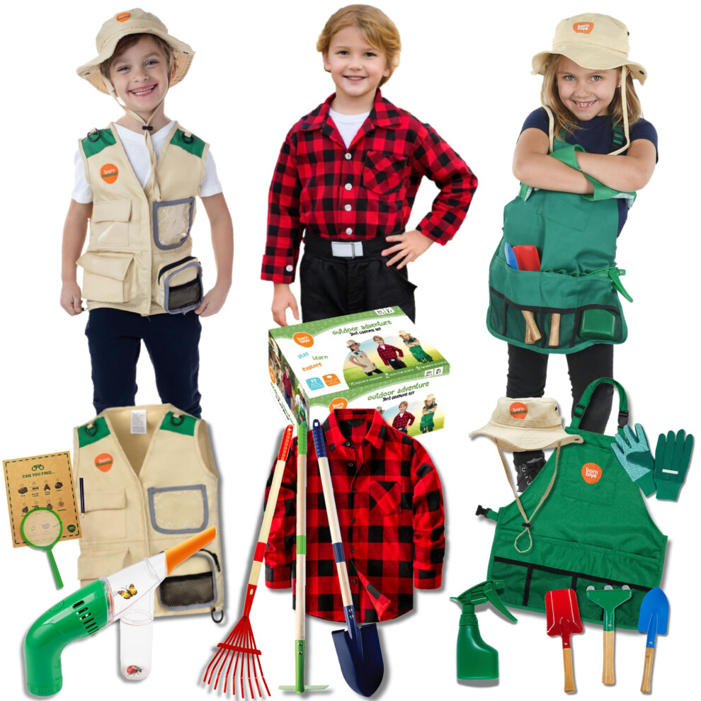 Born Toys 3-in-1 Outdoor Kids Dress Up Clothes for Toddlers Washable Kids Dress Up Costume for Pretend Play for Boys & Girls Gardening Explorer & F