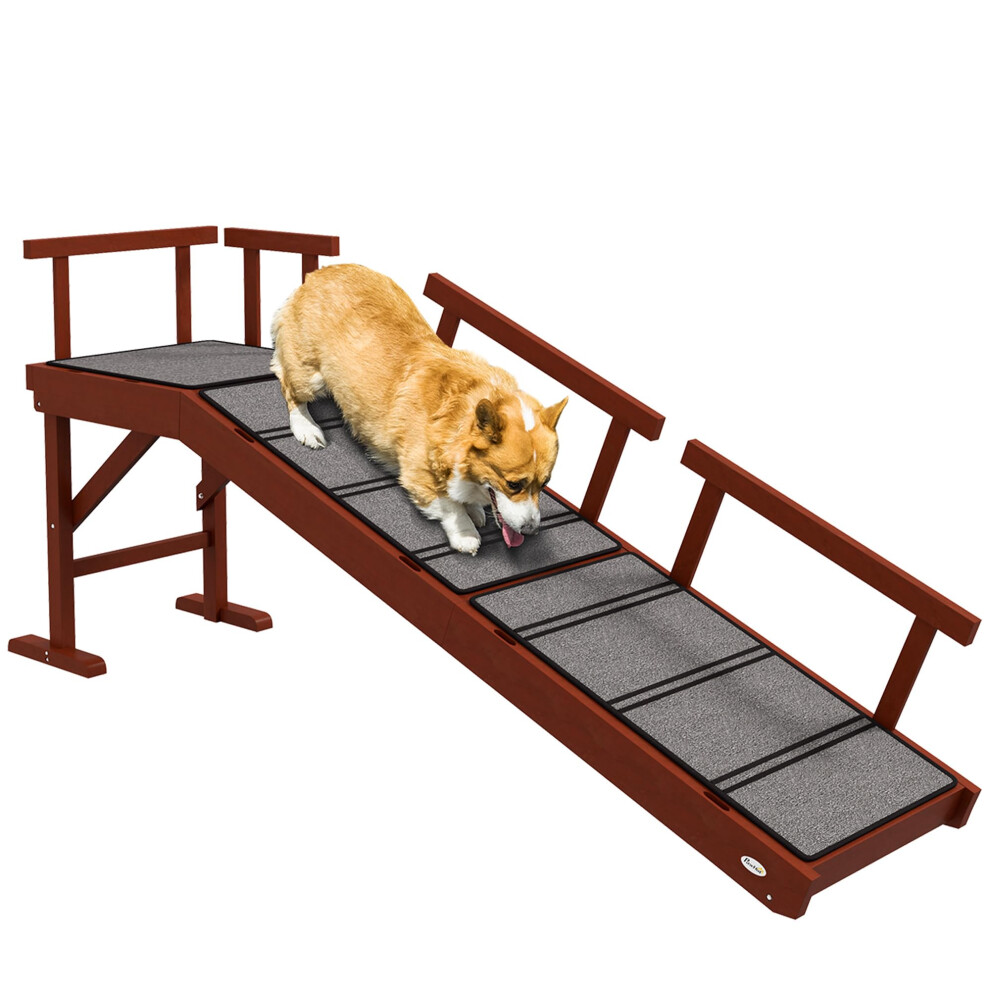 PawHut Dog Ramp  Dog Stairs for Small  Medium & Large Dogs  Pet Ramp for Bed or Couch with Removable Guardrails  Non-Slip Surface  60"""" Long  Brown