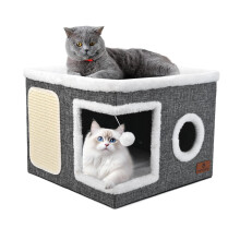 Cat Beds for Indoor Cats Large Cat Cave Bed with Scratch Pad and Fluffy Ball Foldable Cat Hideaway Cat House with Reversible Cushion for Multi Smal